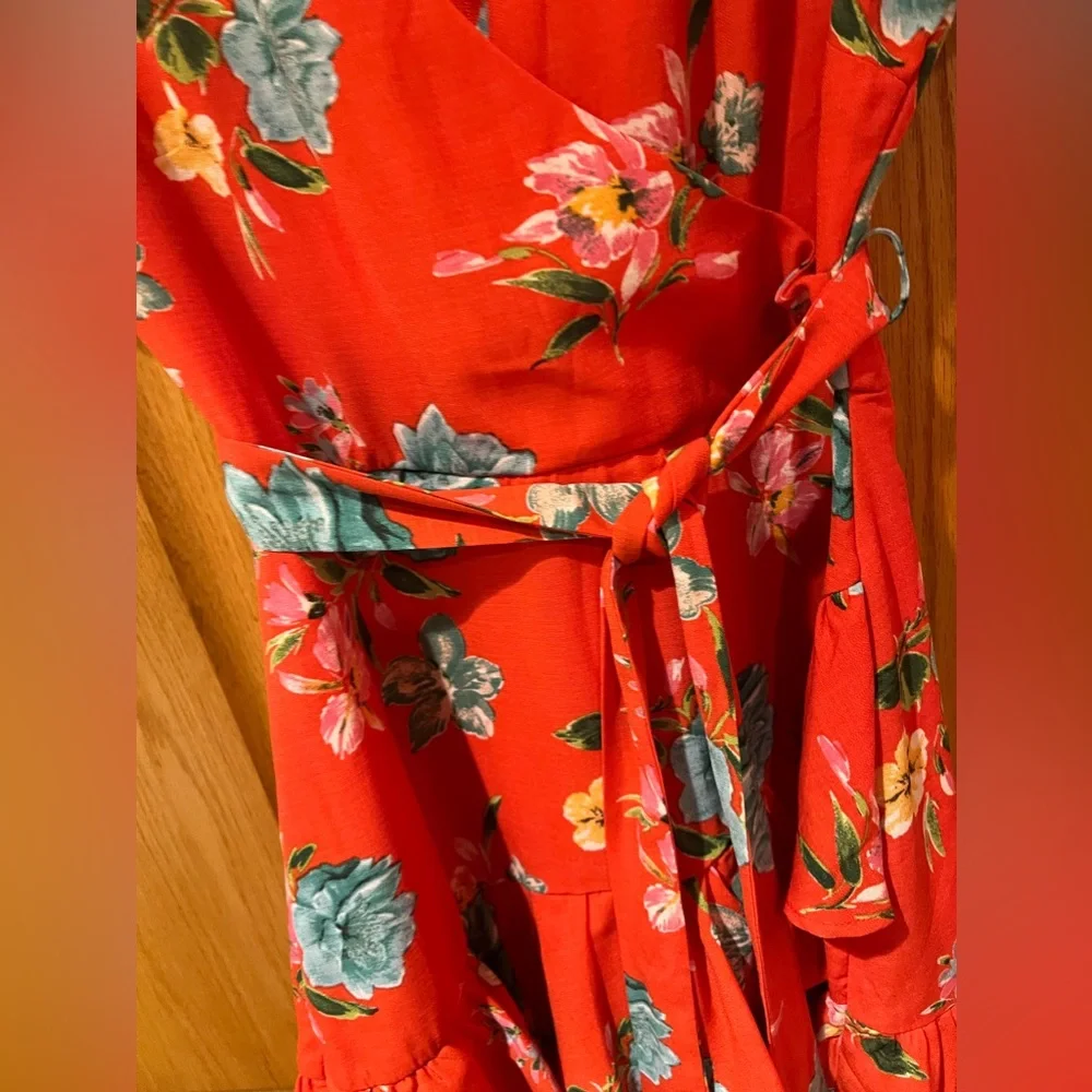 Nordstrom Love, Nickie Lew Orange Floral Faux Wrap Ruffle Mini‎ Dress Size 3